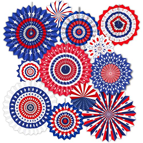 4th of July Decorations, Independence Day Party Supplies, 12 Pcs Patriotic Day Paper Fans, Red White and Blue Hanging Decorations for Memorial Day, Fouth of July Celebration Decorations for Americans