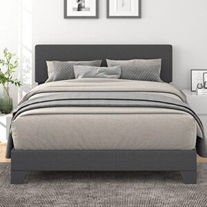 allewie queen size bed frame with adjustable headboard, upholstered platform bed with sturdy wood slat support, no box spring needed, easy assembly, dark grey