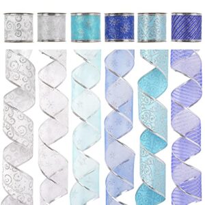 aimudi blue and silver christmas ribbon wired 2.5" ice blue christmas tree ribbon garland 6 rolls 36 yards turquoise blue ribbon for christmas tree topper bows, crafts, gift wrapping, wreaths