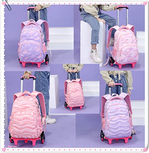 EKUIZAI Colorful Striped Print Elementary Trolley Backpack Primary School Rolling Daypack Carry-on Luggage BookBag with Wheels for Girls