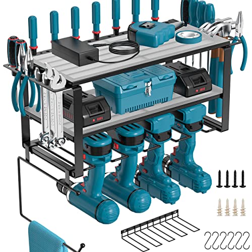 Favbal Power Tool Organizer Storage Rack Heavy Duty Wall Mounted Floating Shelf Charging Station for Garage Workshop Holder for Handheld & Cordless Drill Tools Perfect Gifts for Men Father's Day