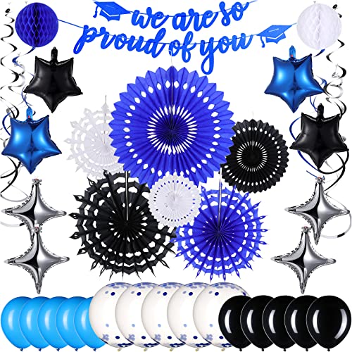 38 Pcs 2023 Graduation Party Decorations Include Blue Black Latex Balloon Confetti Balloon Star Aluminum Foil Balloon Snowflake Tissue Paper Fans Graduation Garland Honeycomb Ball Decor Hanging Swirls