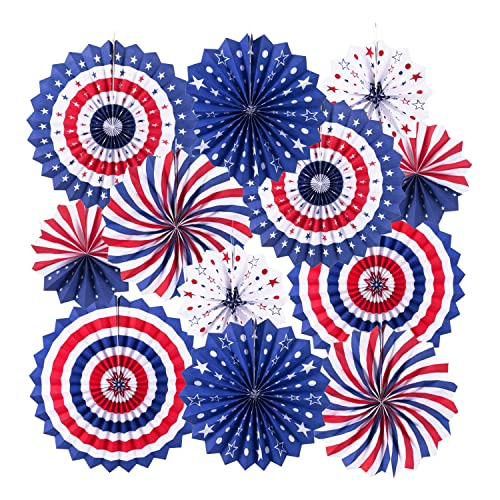 4th of July Patriotic Decorations Red White Blue Hanging Paper Fans for American Fourth of July Memorial Day Independence Day Veterans Day Party Decor Supplies Set of 12