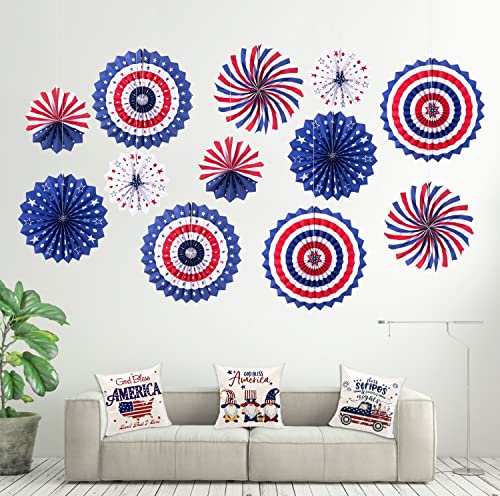 4th of July Patriotic Decorations Red White Blue Hanging Paper Fans for American Fourth of July Memorial Day Independence Day Veterans Day Party Decor Supplies Set of 12