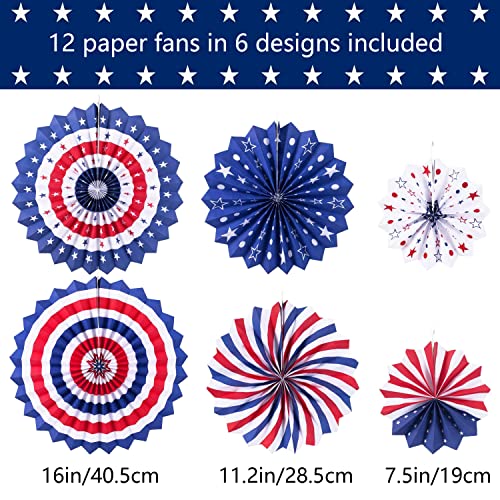 4th of July Patriotic Decorations Red White Blue Hanging Paper Fans for American Fourth of July Memorial Day Independence Day Veterans Day Party Decor Supplies Set of 12