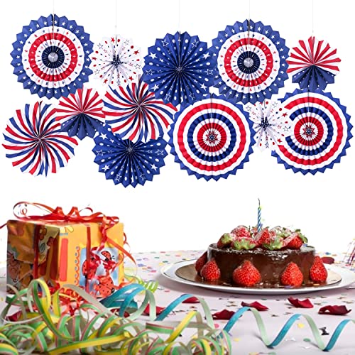 4th of July Patriotic Decorations Red White Blue Hanging Paper Fans for American Fourth of July Memorial Day Independence Day Veterans Day Party Decor Supplies Set of 12