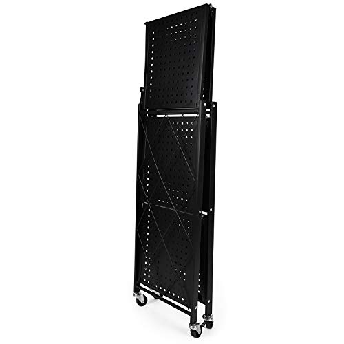 HealSmart 3-Tier Foldable Metal Shelves Heavy Duty Storage Shelving Unit with Wheels, Organizer Shelves for Garage Kitchen Holds up to 750 lbs Capacity, Black，2 Pack