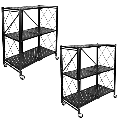 HealSmart 3-Tier Foldable Metal Shelves Heavy Duty Storage Shelving Unit with Wheels, Organizer Shelves for Garage Kitchen Holds up to 750 lbs Capacity, Black，2 Pack