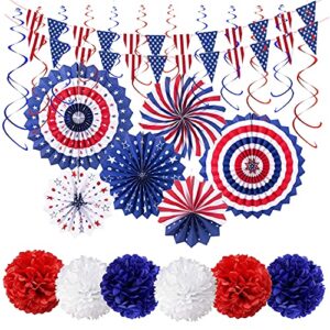 26pcs patriotic party decorations, 4th/fourth of july american flag party supplies red white blue hanging paper fans, tissue paper pom poms, star streamers for american theme party