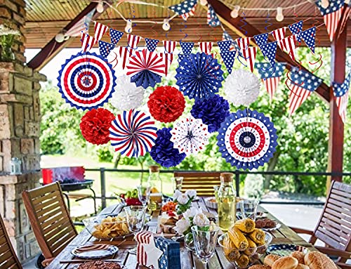 26PCS Patriotic Party Decorations, 4th/Fourth of July American Flag Party Supplies Red White Blue Hanging Paper Fans, Tissue Paper Pom Poms, Star Streamers for American Theme Party