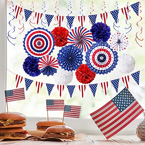 26PCS Patriotic Party Decorations, 4th/Fourth of July American Flag Party Supplies Red White Blue Hanging Paper Fans, Tissue Paper Pom Poms, Star Streamers for American Theme Party