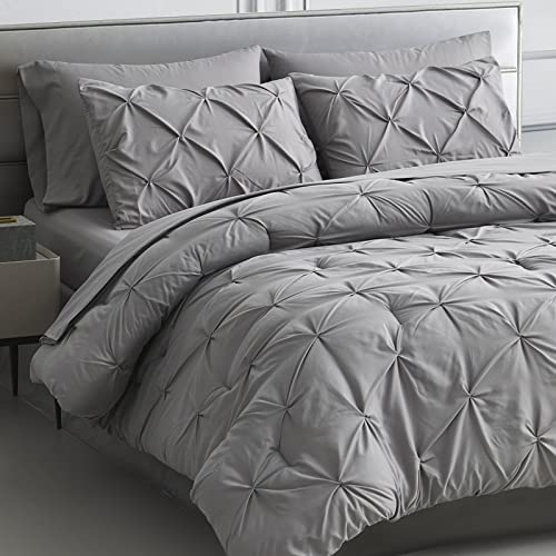 Maple&Stone Twin XL Comforter Set Gray Pinch Pleat 5 Pieces Bed in A Bag for All Season,Pintuck Comforter Set Gray Twin XL with Down Alternative Comforter, Sheets, Pillowcases & Shams