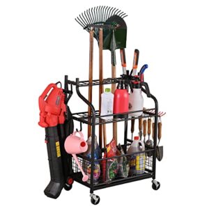 snail garden tool storage organizer with wheels yard tool stand holder for garage lawn and outdoor, steel yard tool racks to store yard long rakes, brooms, mops and buckets, garden tool rolling cart