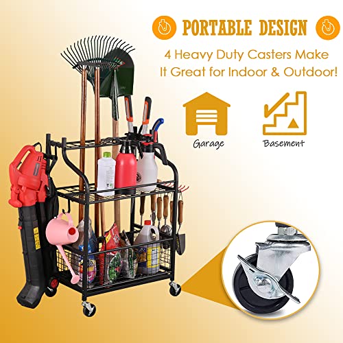 Snail Garden Tool Storage Organizer with Wheels Yard Tool Stand Holder for Garage Lawn and Outdoor, Steel Yard Tool Racks to Store Yard Long Rakes, Brooms, Mops and Buckets, Garden Tool Rolling Cart