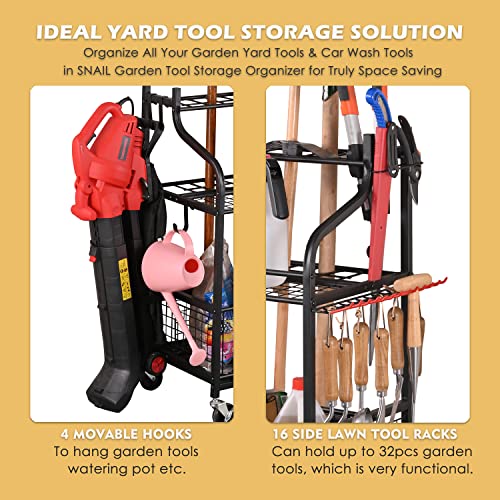 Snail Garden Tool Storage Organizer with Wheels Yard Tool Stand Holder for Garage Lawn and Outdoor, Steel Yard Tool Racks to Store Yard Long Rakes, Brooms, Mops and Buckets, Garden Tool Rolling Cart