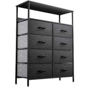 yitahome 8-drawer fabric dresser with shelves, furniture storage tower cabinet, organizer for bedroom, living room, hallway, closet, sturdy steel frame, wooden top, easy pull fabric bins(black grey)