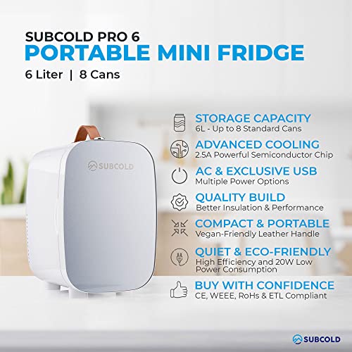 Subcold Pro6 Luxury Mini Fridge Cooler 6 Litre / 8 Cans AC & Exclusive USB Power Option Small Portable Fridge For The Office, Bedroom, Car, Skincare & Cosmetics Grey