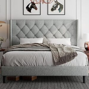 ipormis queen bed frame upholstered wingback platform bed frame with diamond button tufted headboard, 8" under-bed space, sturdy wooden slats, noise-free, no box spring needed, light gray