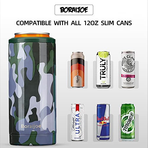 Boraijoe Skinny Can Cooler for Slim Beer and Hard Seltzer,Standard 12oz Sleeve,Double-Walled Stainless Steel Vacuum Insulated Slim Cans - Camo