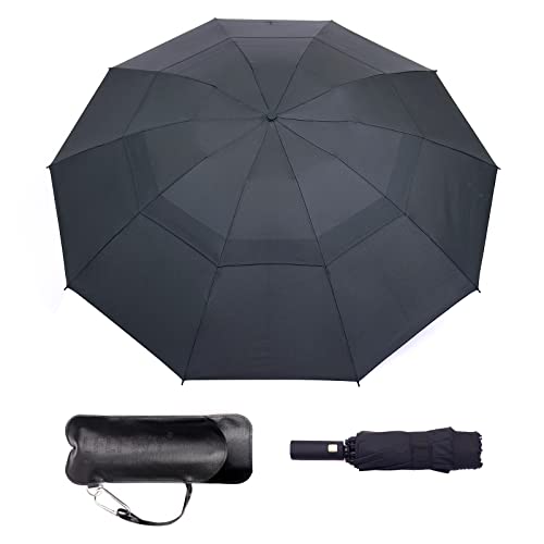 LFLFWY Large Size Reverse Umbrella - Windproof Vented Travel Umbrella Automatic Open and Close, Folding Double Canopy Umbrella with Leather Bag, Best Gift for Men and Women