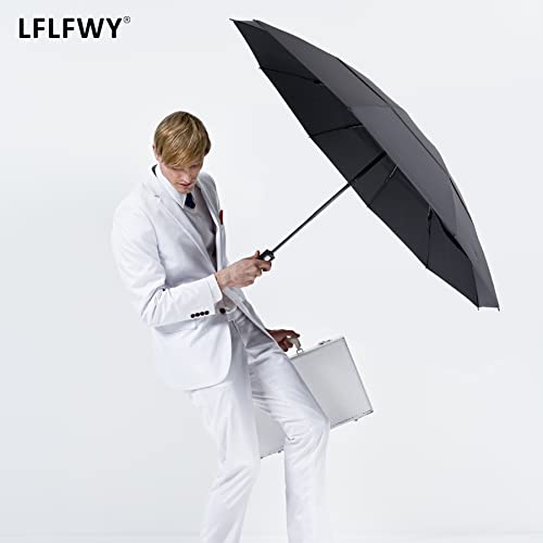 LFLFWY Large Size Reverse Umbrella - Windproof Vented Travel Umbrella Automatic Open and Close, Folding Double Canopy Umbrella with Leather Bag, Best Gift for Men and Women