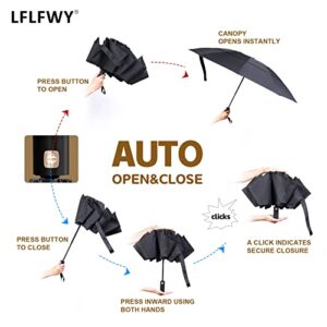 LFLFWY Large Size Reverse Umbrella - Windproof Vented Travel Umbrella Automatic Open and Close, Folding Double Canopy Umbrella with Leather Bag, Best Gift for Men and Women