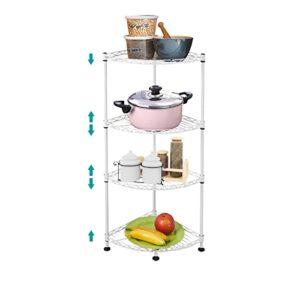 4 tier corner wire shelving unit, adjustable wire rack shelving, metal wire storage shelves for kitchen, pantry, laundry, bathroom, closet (12.6" d x 12.6" w x 32" h, white)