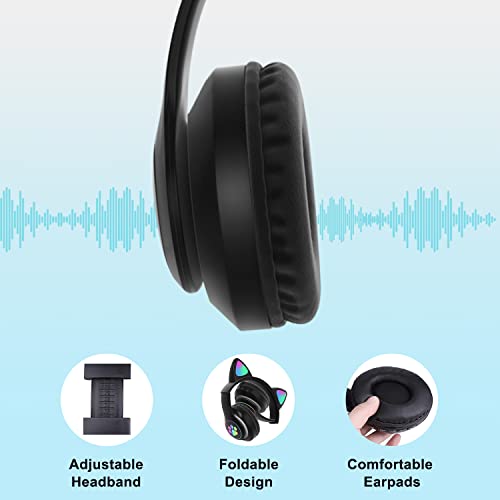 TOKANI Kids Headphones, Bluetooth Wireless Headphones for Kids Teens Adults, Over-Ear Bluetooth Headphones with Microphone, Cat Ear Headphones for Girls Women (Black)