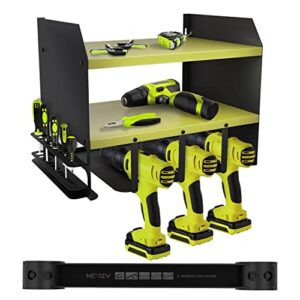 neatzy power tool organizer - drill holder with magnetic bar – easy installation & metal cordless drill storage tool rack – garage organizers and storage holds drills, power tools, & more (green)