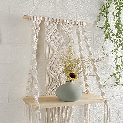 JnnRain Macrame Shelf Macrame Wall Hanging Shelf Beige Macrame Hanging Shelves White Macrame Wall Shelf Decor Plants Wall Shelf Home Decor