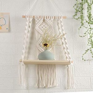 JnnRain Macrame Shelf Macrame Wall Hanging Shelf Beige Macrame Hanging Shelves White Macrame Wall Shelf Decor Plants Wall Shelf Home Decor