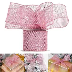 huihuang pink glitter wired ribbon web mesh ribbon wired metallic sparkling wire edge ribbon for gift wrapping wreaths making christmas tree topper bows home decor diy crafts -2.5" x 10 yards