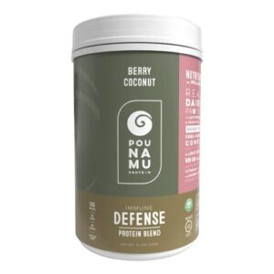 pounamu immune defense berry coconut protein powder blend | grass-fed, free-range new zealand whey protein + lactoferrin + probiotics + vitamins c & d for immune and digestive health 14.4oz