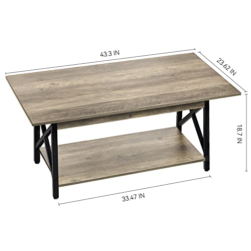 GreenForest Coffee Table Large 43.3 x 23.6 inch Rustic Farmhouse with Storage Shelf for Living Room, Easy Assembly, Gray WASH