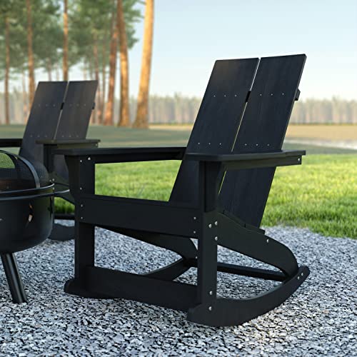 EMMA + OLIVER Harmon Modern All-Weather Black Poly Resin Adirondack Rocking Chair for Indoor/Outdoor Use