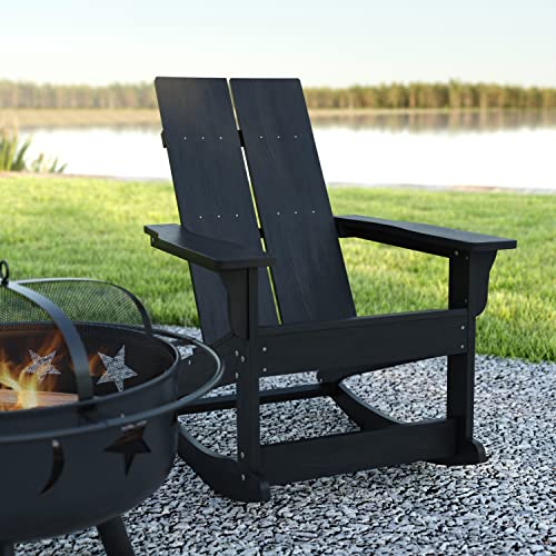 EMMA + OLIVER Harmon Modern All-Weather Black Poly Resin Adirondack Rocking Chair for Indoor/Outdoor Use