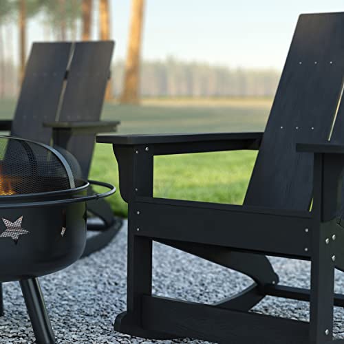 EMMA + OLIVER Harmon Modern All-Weather Black Poly Resin Adirondack Rocking Chair for Indoor/Outdoor Use