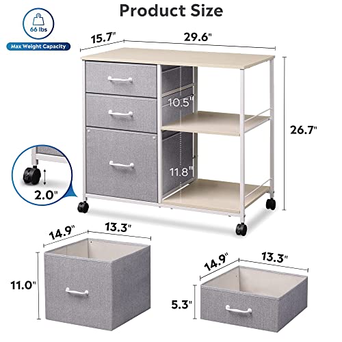 DEVAISE 3 Drawer Mobile File Cabinet, Rolling Printer Stand with Open Storage Shelf, Fabric Lateral Filing Cabinet fits A4 or Letter Size for Home Office, Light Grey