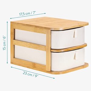 Navaris Makeup Storage Drawers - Bamboo Organizer and Cream Colored Fabric Trays - 2-Tier Drawer Unit for Bathroom, Vanity Table - 9" x 6.9" x 5.9"