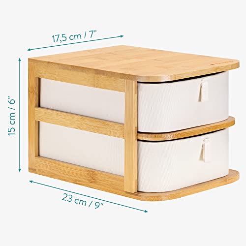 Navaris Makeup Storage Drawers - Bamboo Organizer and Cream Colored Fabric Trays - 2-Tier Drawer Unit for Bathroom, Vanity Table - 9" x 6.9" x 5.9"