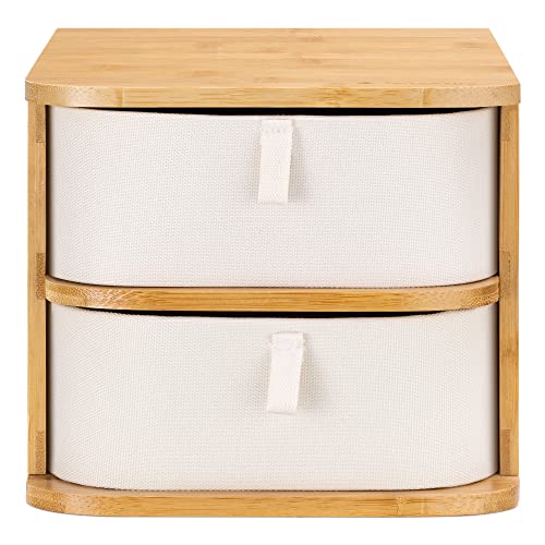 Navaris Makeup Storage Drawers - Bamboo Organizer and Cream Colored Fabric Trays - 2-Tier Drawer Unit for Bathroom, Vanity Table - 9" x 6.9" x 5.9"