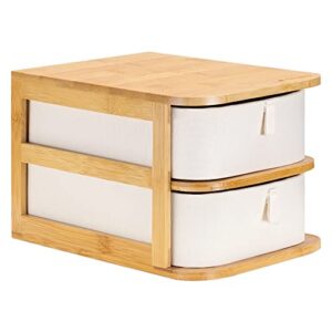 navaris makeup storage drawers - bamboo organizer and cream colored fabric trays - 2-tier drawer unit for bathroom, vanity table - 9" x 6.9" x 5.9"