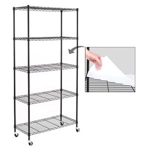 5-shelf shelving units and storage on wheels with 5-shelf liners, nsf certified, adjustable carbon steel wire shelving unit rack for garage, kitchen, office, black (63h x 30w x 14d)