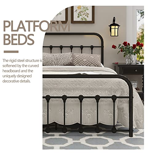 AUFANK Queen Metal Bed Frame with Headboard and Footboard Vintage Victorian Style Mattress Foundation Solid Sturdy Metal Slat No Box Spring Required Black