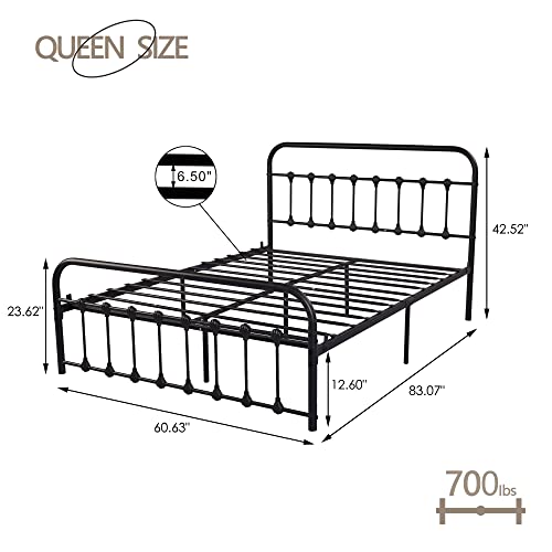 AUFANK Queen Metal Bed Frame with Headboard and Footboard Vintage Victorian Style Mattress Foundation Solid Sturdy Metal Slat No Box Spring Required Black
