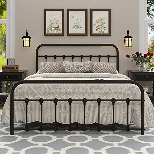 AUFANK Queen Metal Bed Frame with Headboard and Footboard Vintage Victorian Style Mattress Foundation Solid Sturdy Metal Slat No Box Spring Required Black