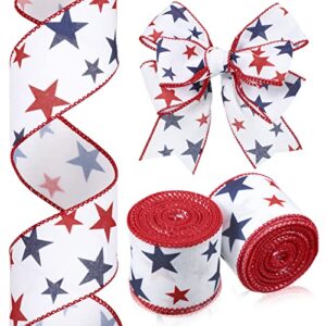 2 rolls stars wired edge ribbon 4th of july red white blue ribbon independence day flag day ribbon for wreaths 2.5 inch patriotic fabric ribbons for diy independence day party decorations, 20 yards