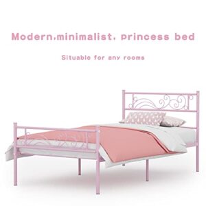 Weehom Twin Bed Frames Metal Platform Heavy Duty Steel Slat Under Bed Storage for Kids Pink