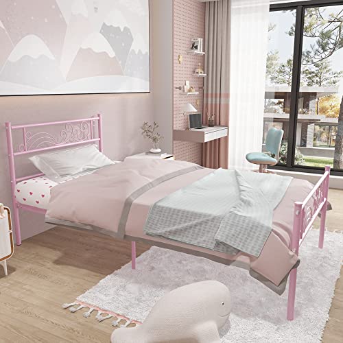 Weehom Twin Bed Frames Metal Platform Heavy Duty Steel Slat Under Bed Storage for Kids Pink