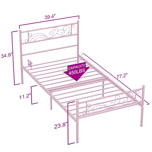 Weehom Twin Bed Frames Metal Platform Heavy Duty Steel Slat Under Bed Storage for Kids Pink